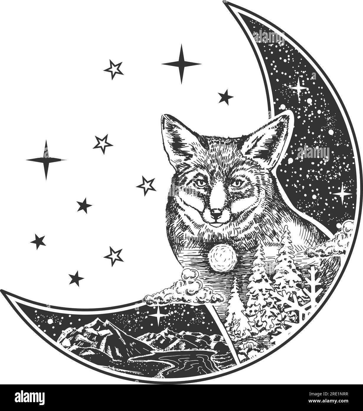 Boho-Symbol mit Fuchs- und himmlischen Mondvektoren Stock Vektor