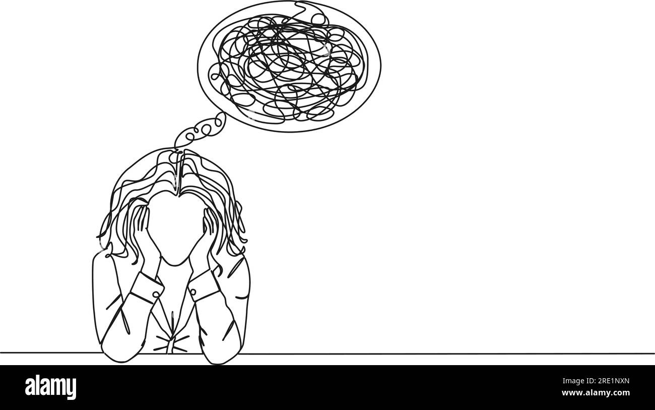 Kontinuierliche einzeilige Zeichnung einer gestressten und verwirrten Frau mit Kopf in den Händen, Strichkunstdarstellung Stock Vektor