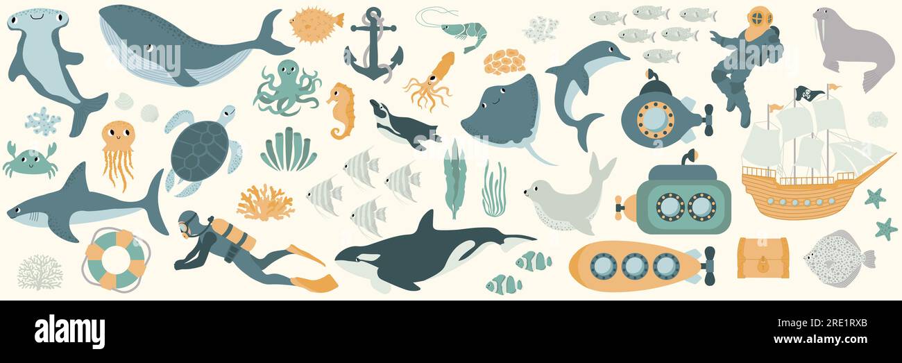 Vector Ocean Mega Set mit Wal, Schildkröte, Quallen, Haien, Krabben, Kraken, Taucher, Pinguin, Tintenfisch, Delfin, Walross, Schiff. Unterwassertiere. Illustration für Stock Vektor