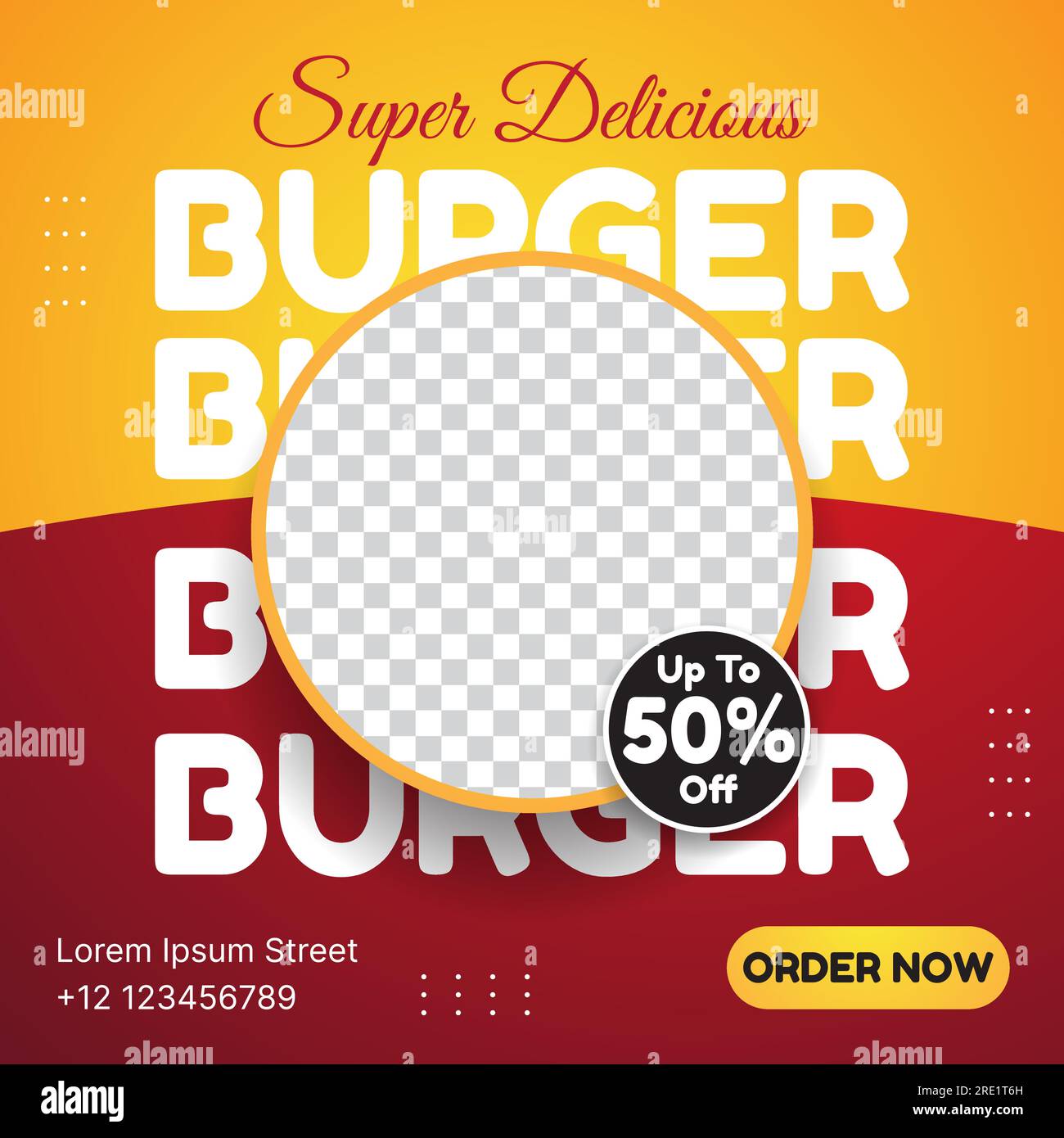 burger Posts in sozialen Medien mit Vektordesign auf orangefarbenem und rotem Hintergrund Stock Vektor