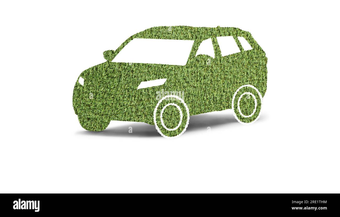 Studioaufnahme eines umweltfreundlichen SUV aus Gras, isoliert auf weißem Hintergrund Stockfoto