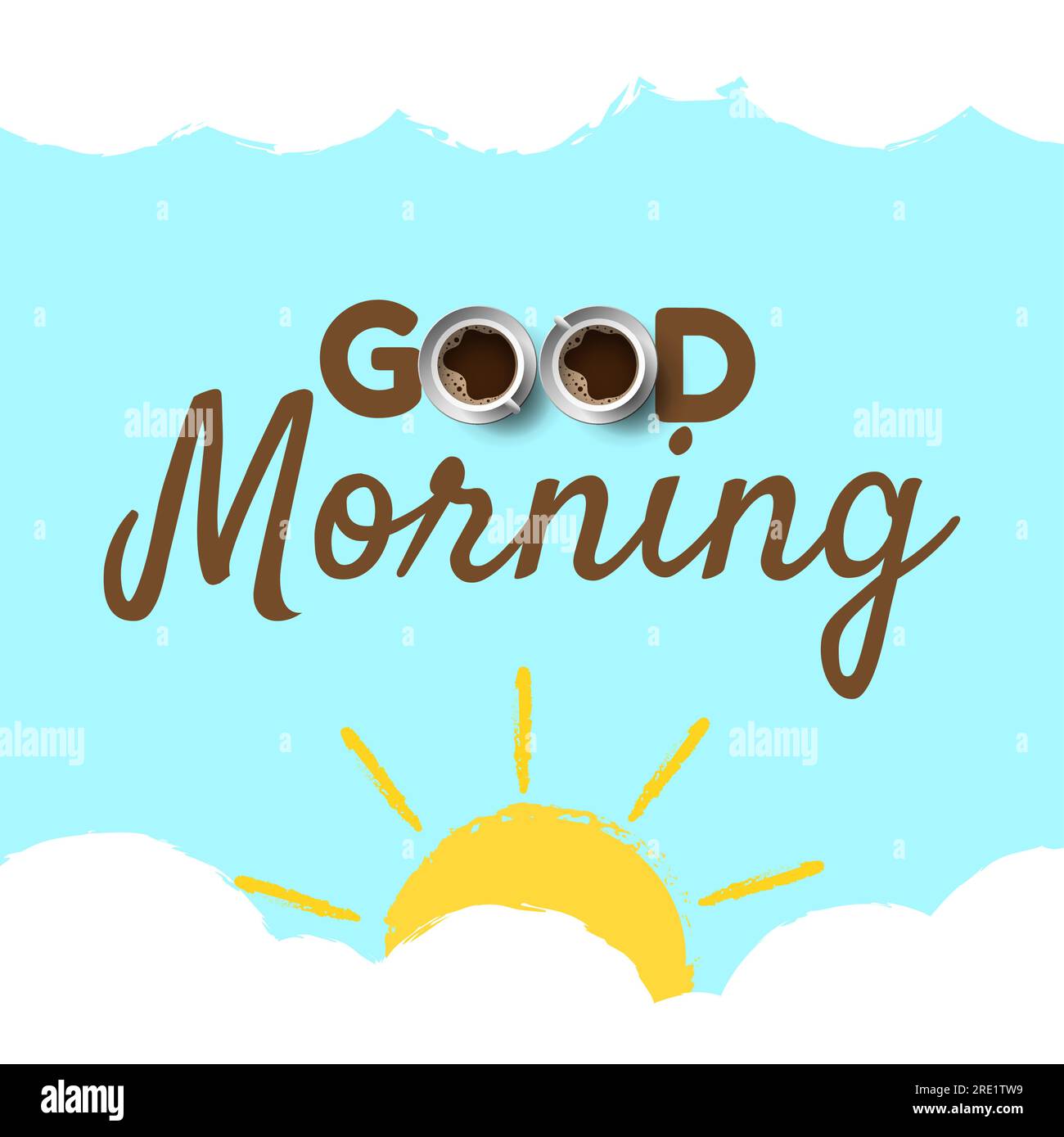 Guten Morgen, Vektordesign mit Himmel, Wolke. Sonne und Kaffeetasse Stock Vektor