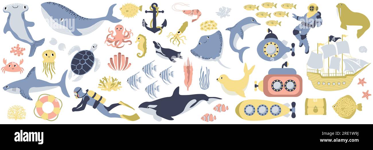 Vector Ocean Mega Set mit Wal, Schildkröte, Quallen, Haien, Krabben, Kraken, Taucher, Pinguin, Tintenfisch, Delfin, Walross, Schiff. Unterwassertiere. Illustration für Stock Vektor