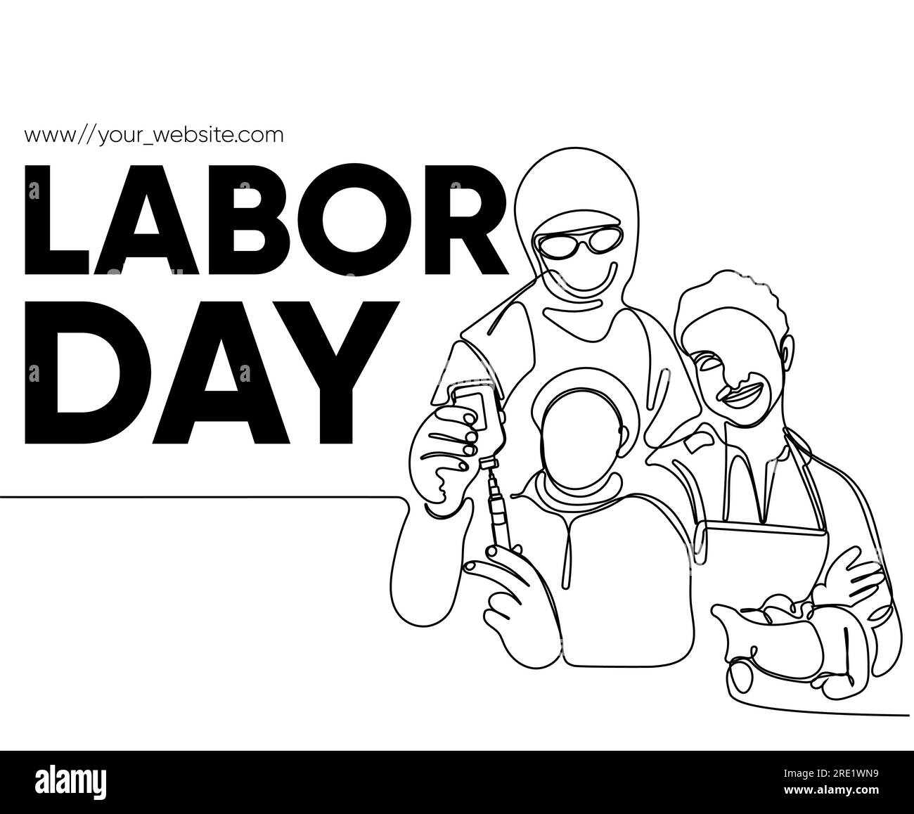 Happy Labour Day einfaches Vektor-Webbanner. Werkzeugsatz. Schriftzug Zum Tag Der Arbeit. Schwarzweißer Hintergrund, Banner, Poster. Vektordarstellung Stock Vektor