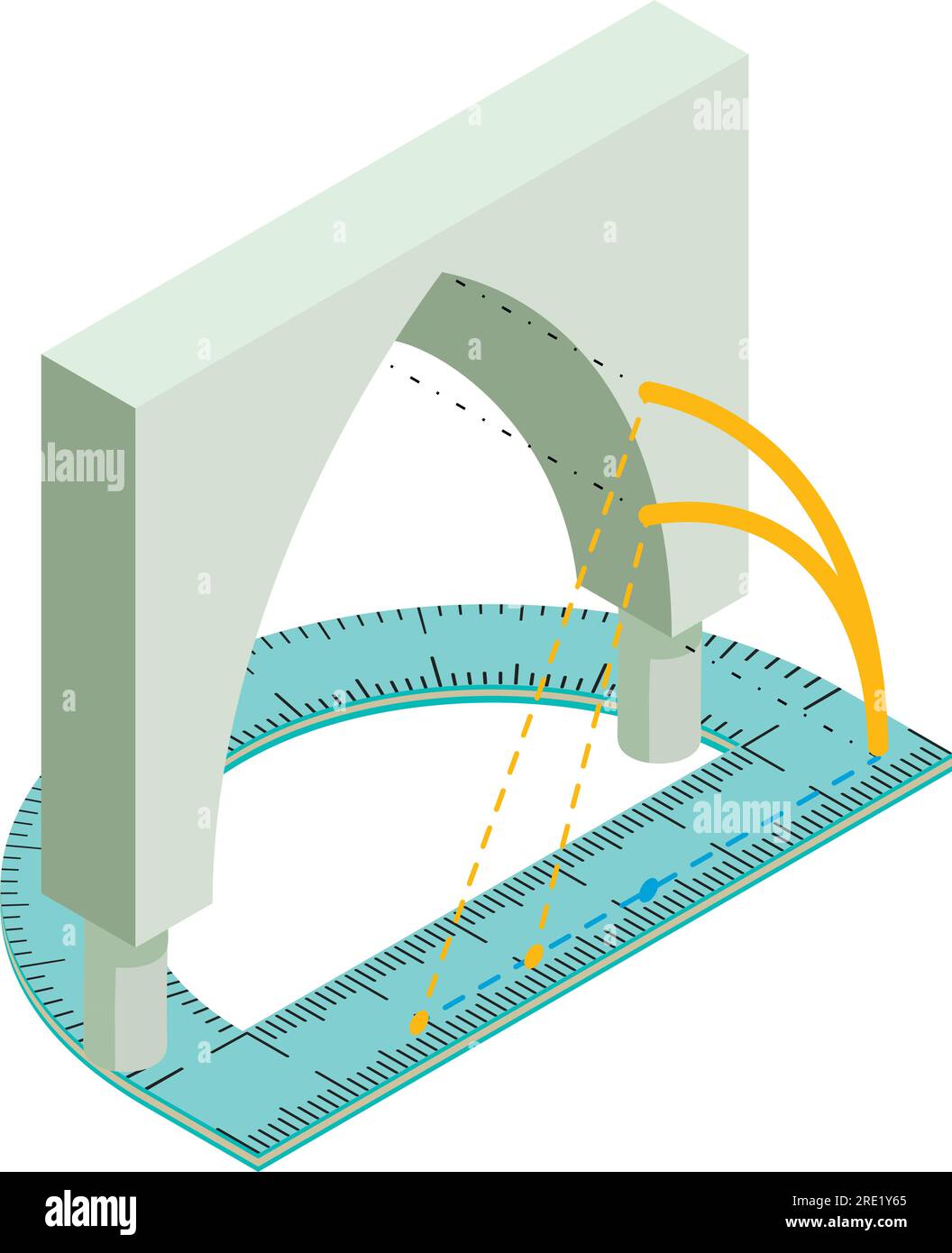 Isometrischer Vektor des Symbols des Architekturprojekts. Bogenprojekt und Kunststoff-Winkelmesser. Entwurf, Bau, Technik Stock Vektor