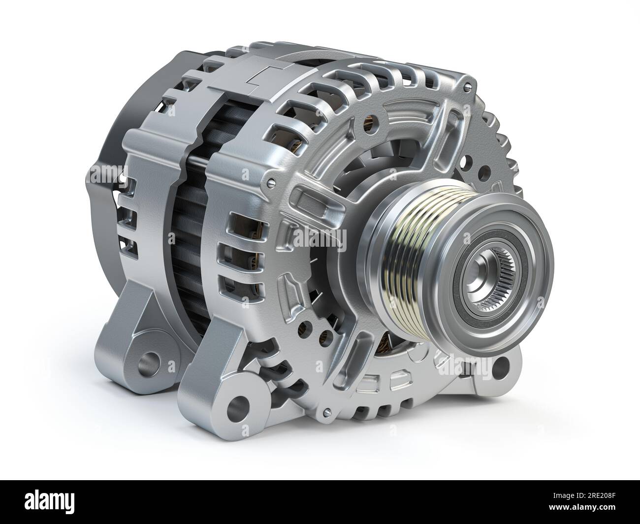 Stromerzeugungsgenerator für Kraftfahrzeuge, Generator auf weißen Autoteilen isoliert und Autoreparaturservice. 3D Abbildung Stockfoto