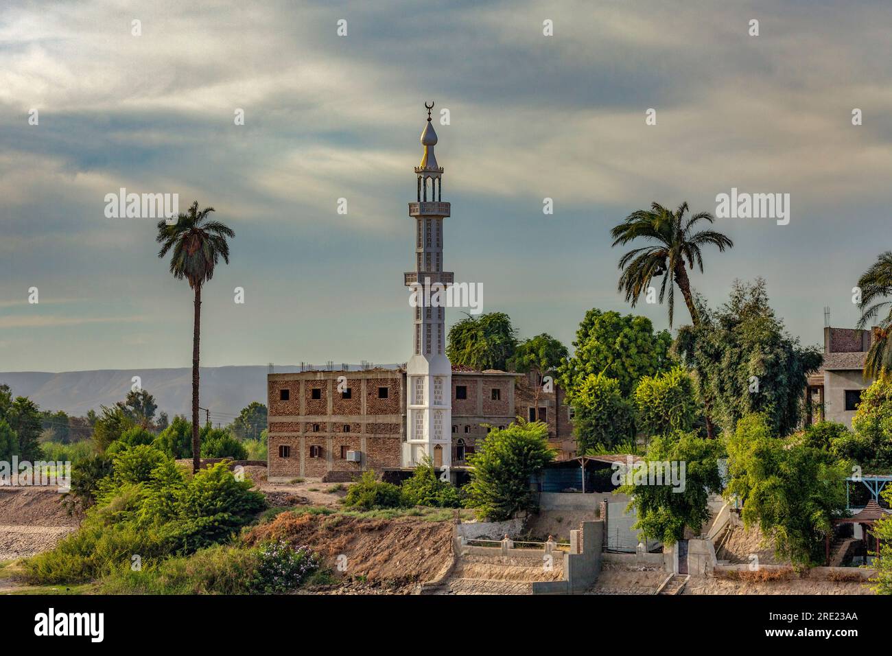 Minarett und Palmen am Nil Stockfoto