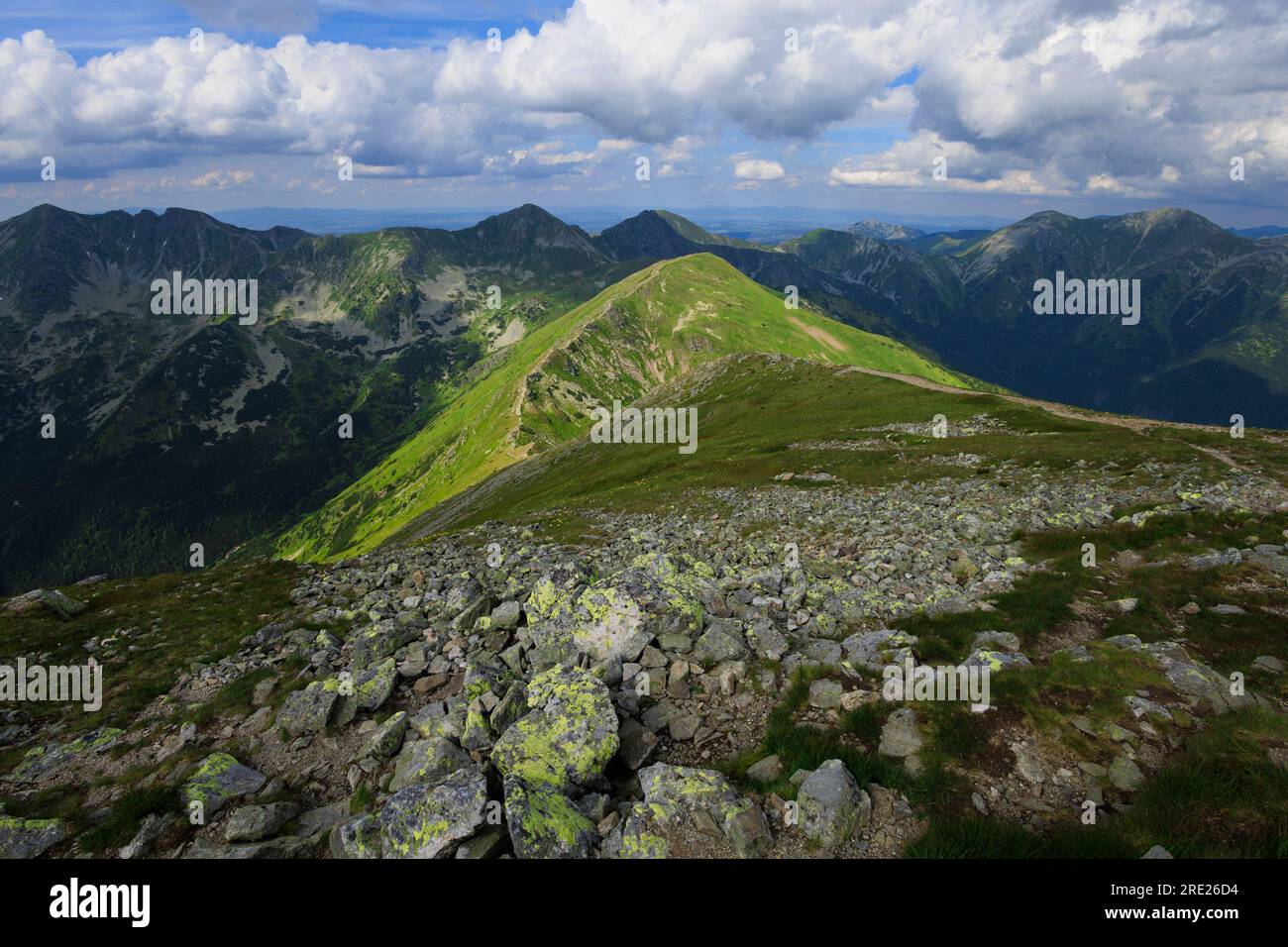 Bergkamm Rohace, Blick von Baranec, Westtatra, Slowakei. Berglandschaft im Sommer an sonnigen Tagen. Felsige Gipfel und Berggipfel A Stockfoto