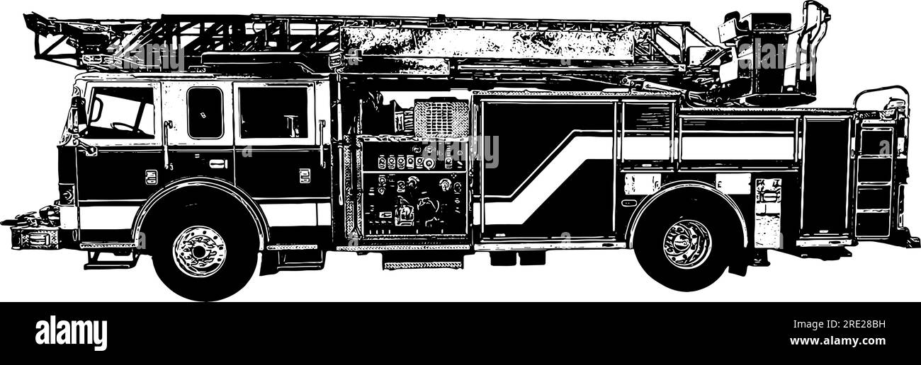 Zeichnung eines Feuerwehrwagens in schwarz isoliert Stock Vektor