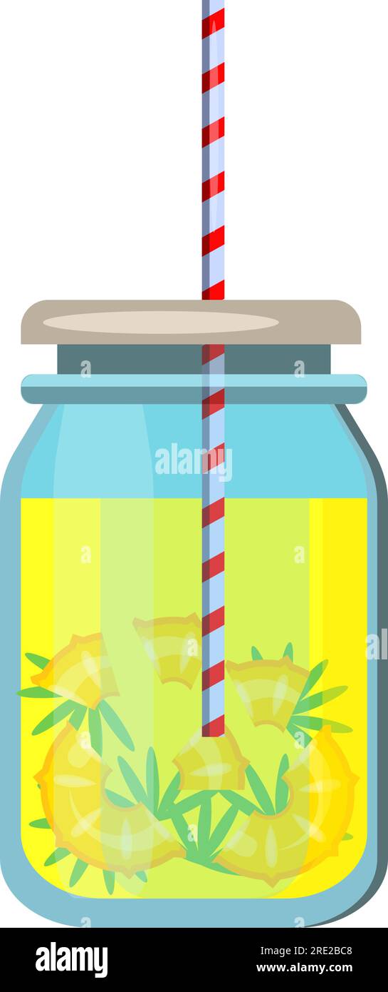 Ananaswasser. Glasbehälter, Strohhalm, Scheiben Stock Vektor