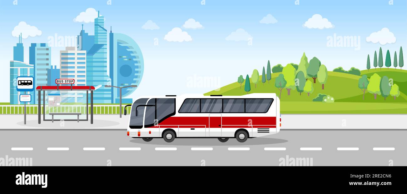 Bustransfer vom Land in die große Hauptstadt, Flughafen, Sightseeing-Route, Bushaltestelle, Busbahnhof, vektordarstellung Stock Vektor