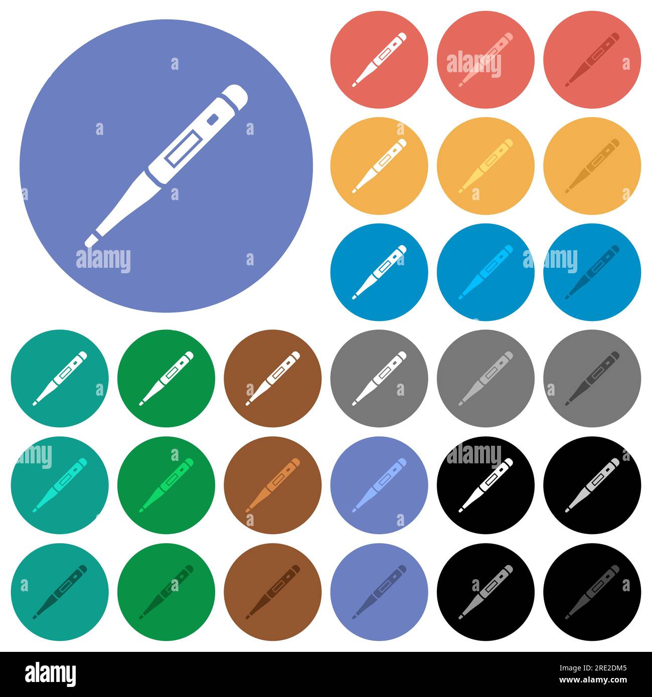 Digitalthermometer mehrfarbige flache Symbole auf rundem Hintergrund. Enthält weiße, helle und dunkle Symbolvarianten für Mouseover- und aktive Statuseffekte, Stock Vektor