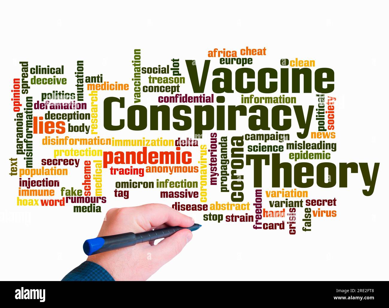 Wortwolke mit IMPFSTOFF VERSCHWÖRUNGSTHEORIE Konzept nur mit Text erstellen. Stockfoto