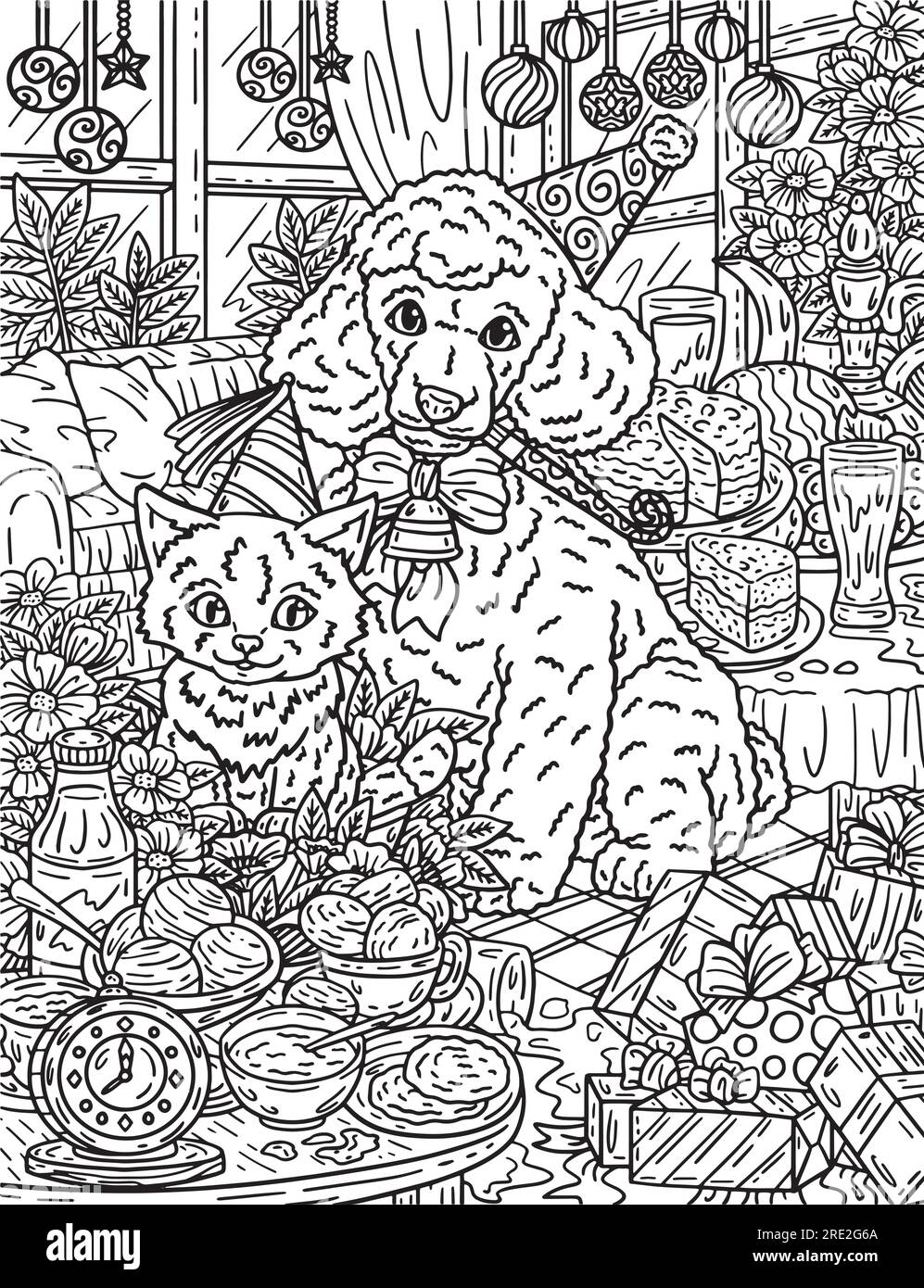 Neujahrsparty mit Katzen- und Hundemützen – Ausmalen für Erwachsene Stock Vektor Neujahrsparty mit Katzen- und Hundemützen – Ausmalen für Erwachsene Stock Vektor