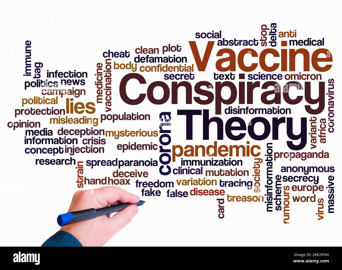 Wortwolke mit IMPFSTOFF VERSCHWÖRUNGSTHEORIE Konzept nur mit Text erstellen. Stockfoto