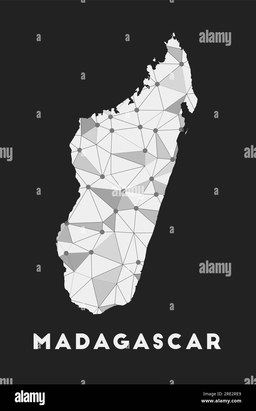 Madagaskar - Karte des Kommunikationsnetzes des Landes. Madagaskar: Trendiges geometrisches Design auf dunklem Hintergrund. Technologie, Internet, Netzwerk, Telekommunikation Stock Vektor