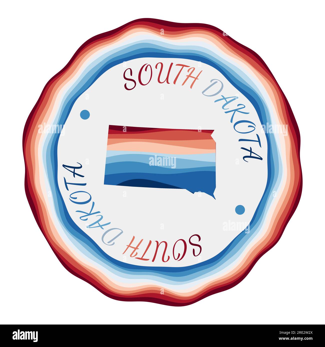 South Dakota Abzeichen. Karte des US-Bundesstaates mit wunderschönen geometrischen Wellen und leuchtend rotem blauem Rahmen. Leuchtendes, rundes Logo von South Dakota. Vektordarstellung. Stock Vektor