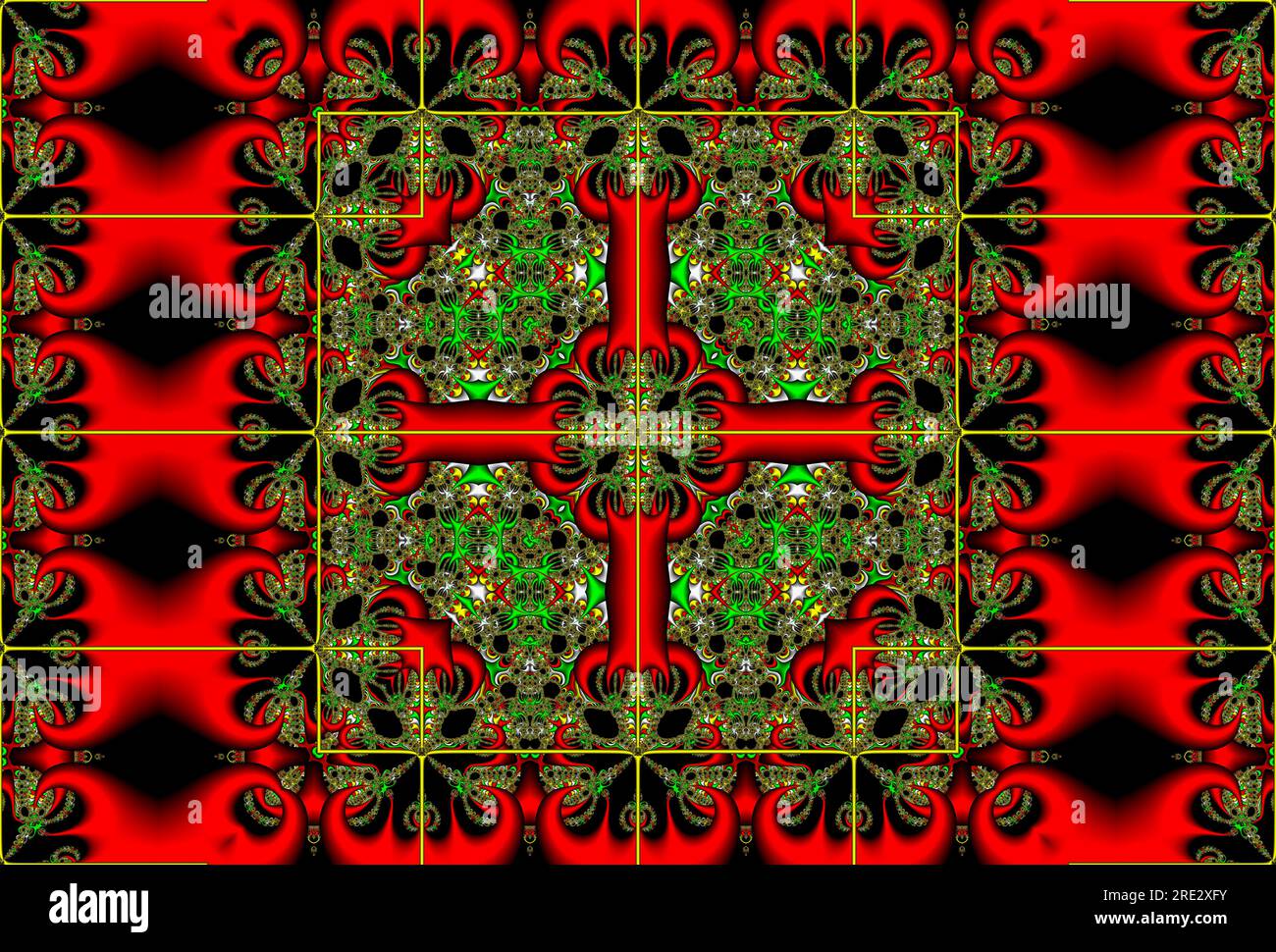Farbenfrohe fraktale Kunstwerke Bild digitale Kunst, symmetrischer Kaleidoskop-Effekt symmetrische farbenfrohe geometrische Musterkunst Stockfoto