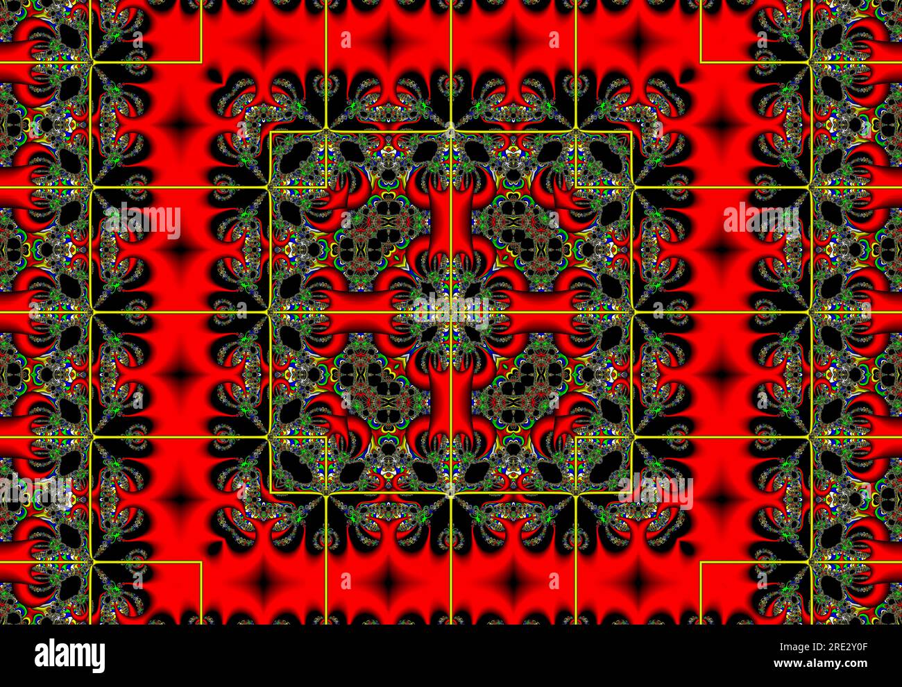 Buntes fraktales Kunstwerk digitale Kunst, Symmetrie Kaleidoskop-Effekt symmetrische bunte geometrische Musterkunst Stockfoto