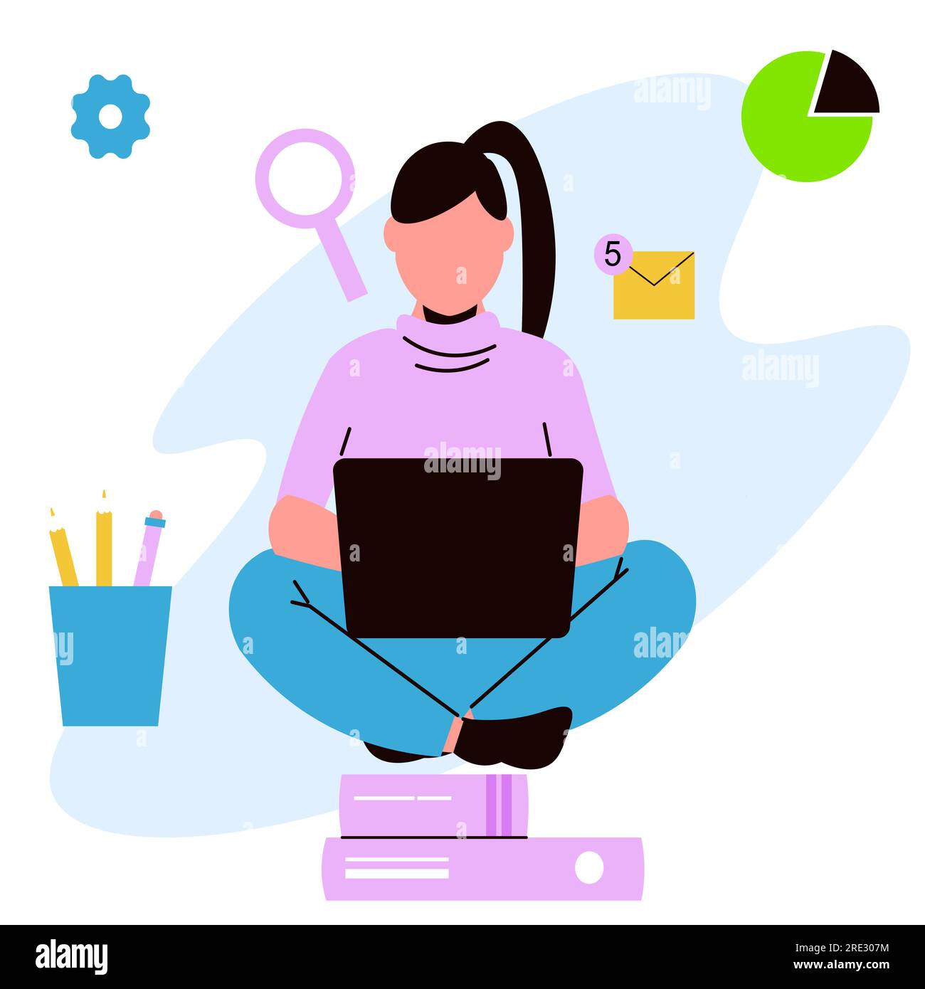 Konzept für freiberufliche Arbeit an entfernten Standorten. Frau, die mit einem Laptop auf dem Boden sitzt. Abbildung eines flachen Vektors. Stock Vektor
