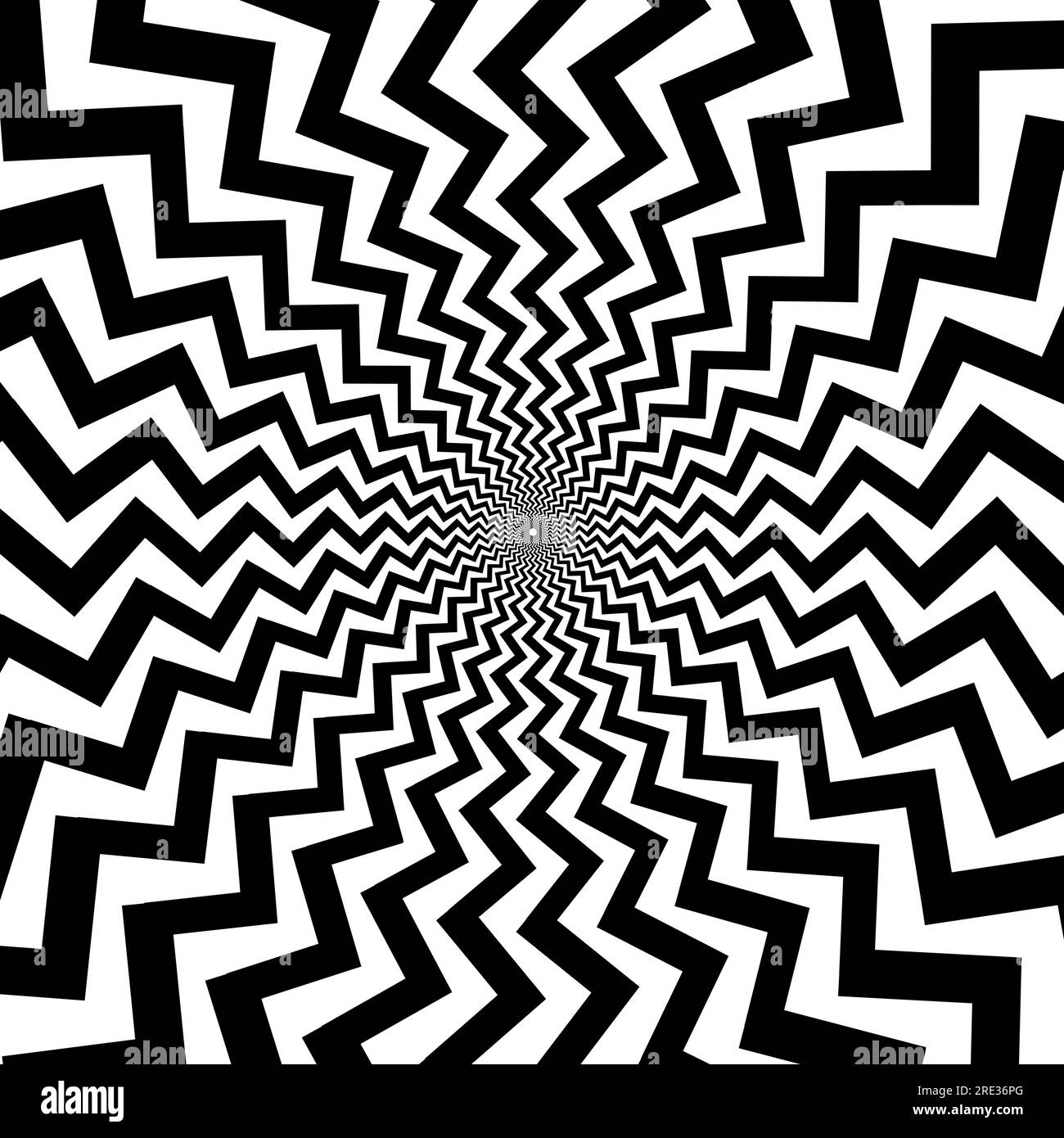 Optischer Täuschungshintergrund. Schwarz-weiße Oberfläche mit abstrakten Zickzacklinien. Posterdesign mit radialen Wellen. Hypnotische Illusionstapete. Vektordekoration Stock Vektor