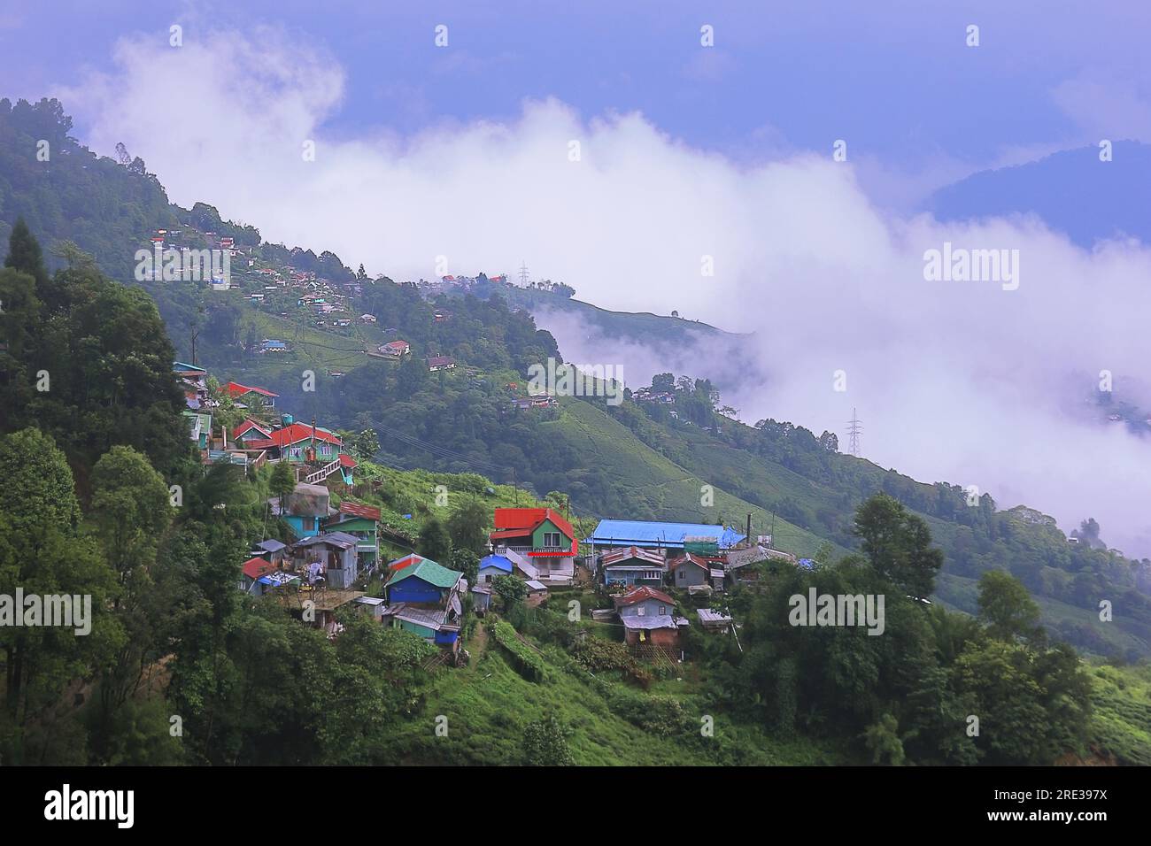 Monsunwolken bedecken in der Monsunzeit langsam die üppig grünen Ausläufer und das Tal des himalaya, darjeeling Hill Station in westbengalen, indien Stockfoto