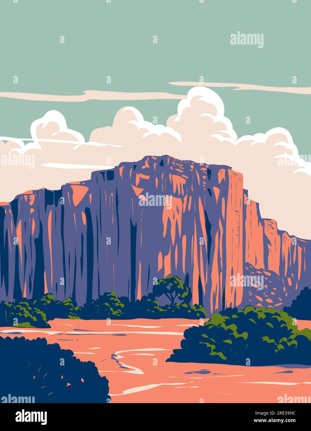 WPA-Posterkunst des Talampaya-Nationalparks oder Parque Nacional Talampaya im Bereich des Ökoregion des Hohen Monte in der Provinz La Rioja, Argentinien Done i Stockfoto