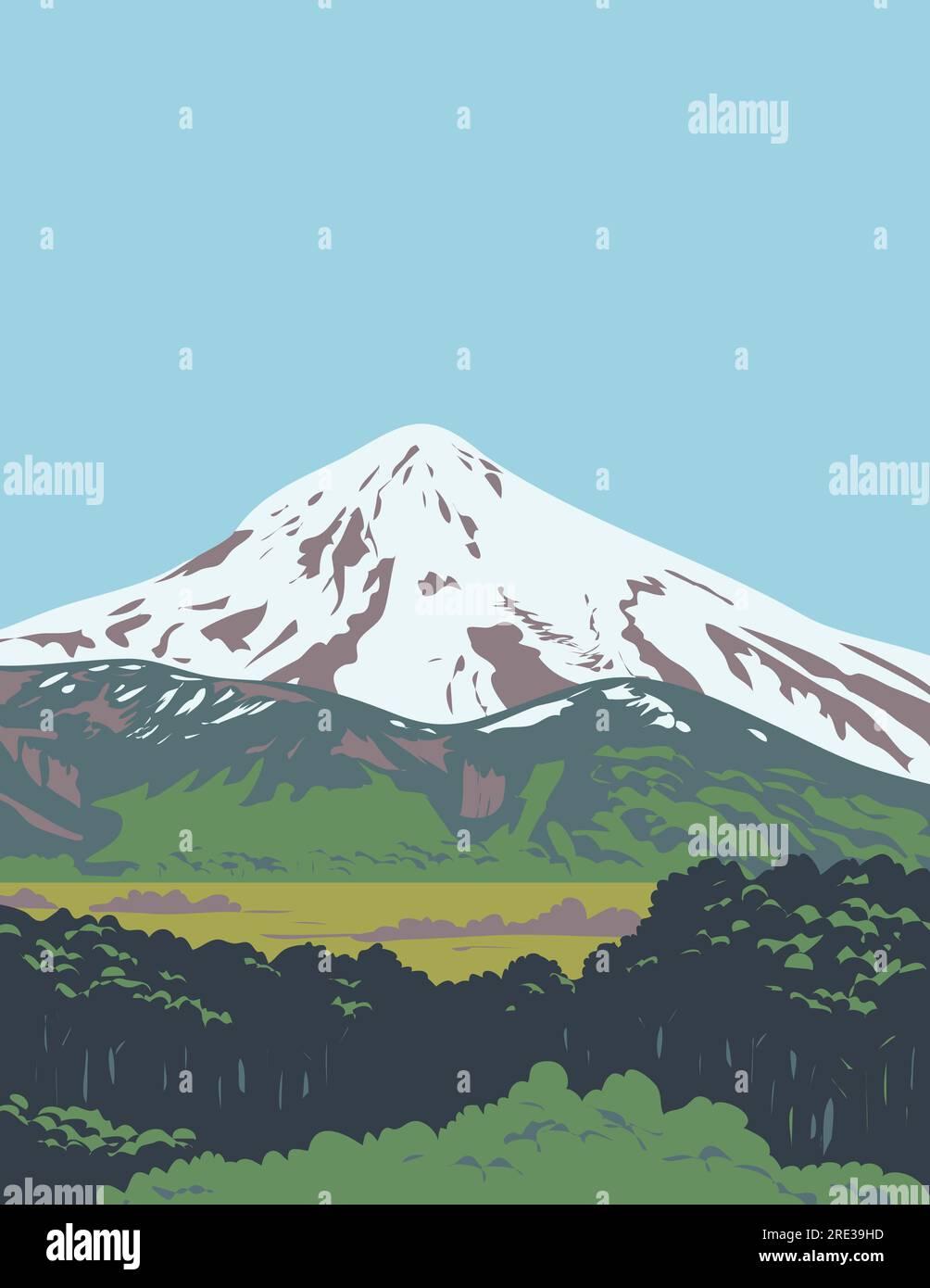 WPA-Posterkunst von Volcan Lanin oder Lanin Volcano in der Grenzregion zwischen Argentinien und Chile in der Projektverwaltung oder Art Deco sty Stockfoto
