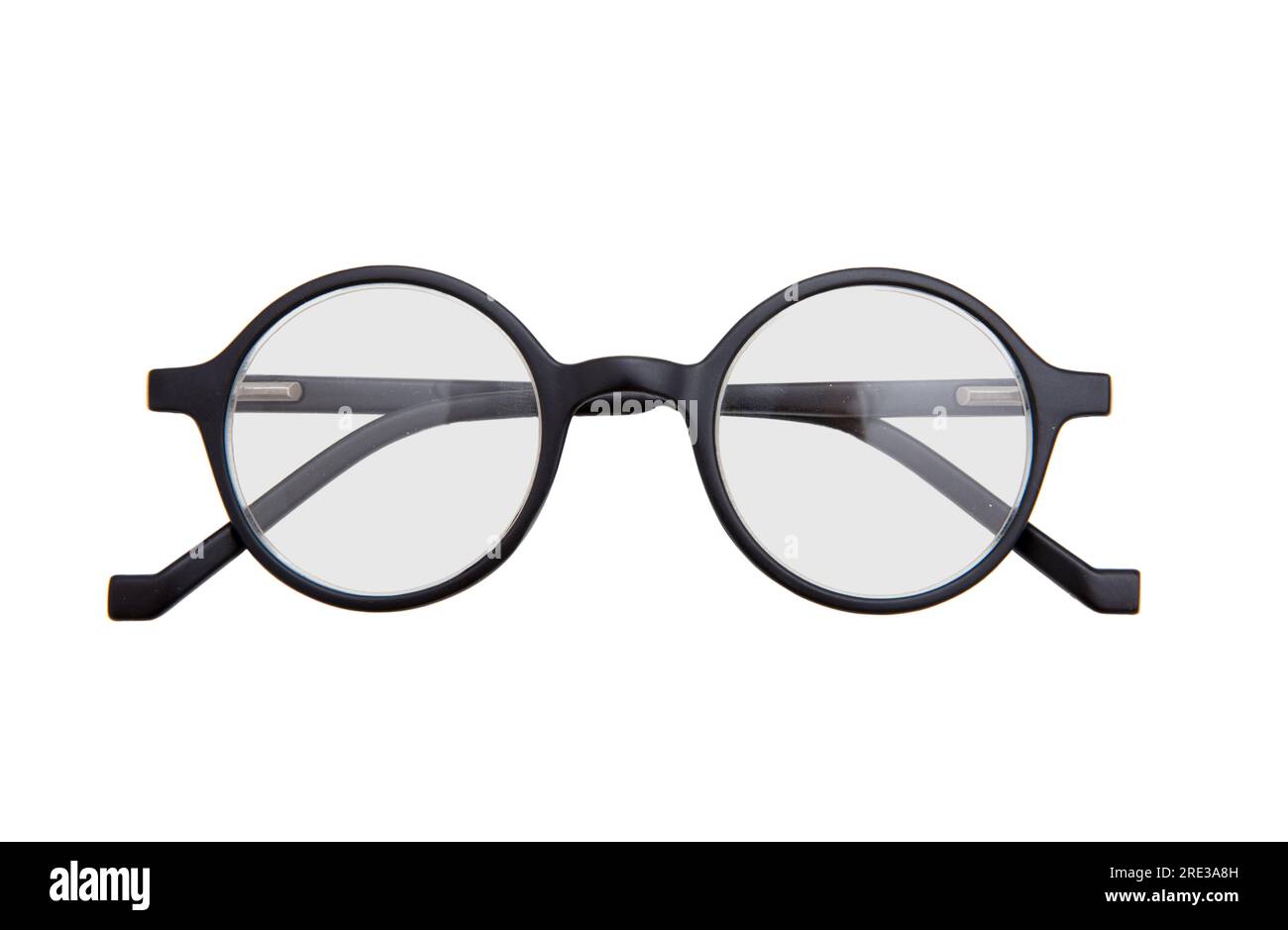 Schwarze Brille mit rundem Rahmen, Myopie, Presbyopie Augenbrille isolierter Ausschnitt auf weißem Hintergrund, Stockfoto
