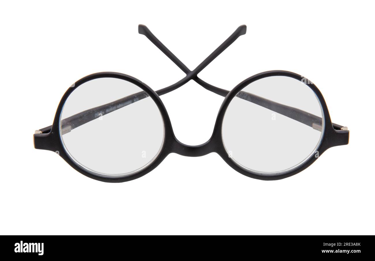 Schwarze Brille mit rundem Rahmen, Myopie, Presbyopie Augenbrille isolierter Ausschnitt auf weißem Hintergrund, Stockfoto