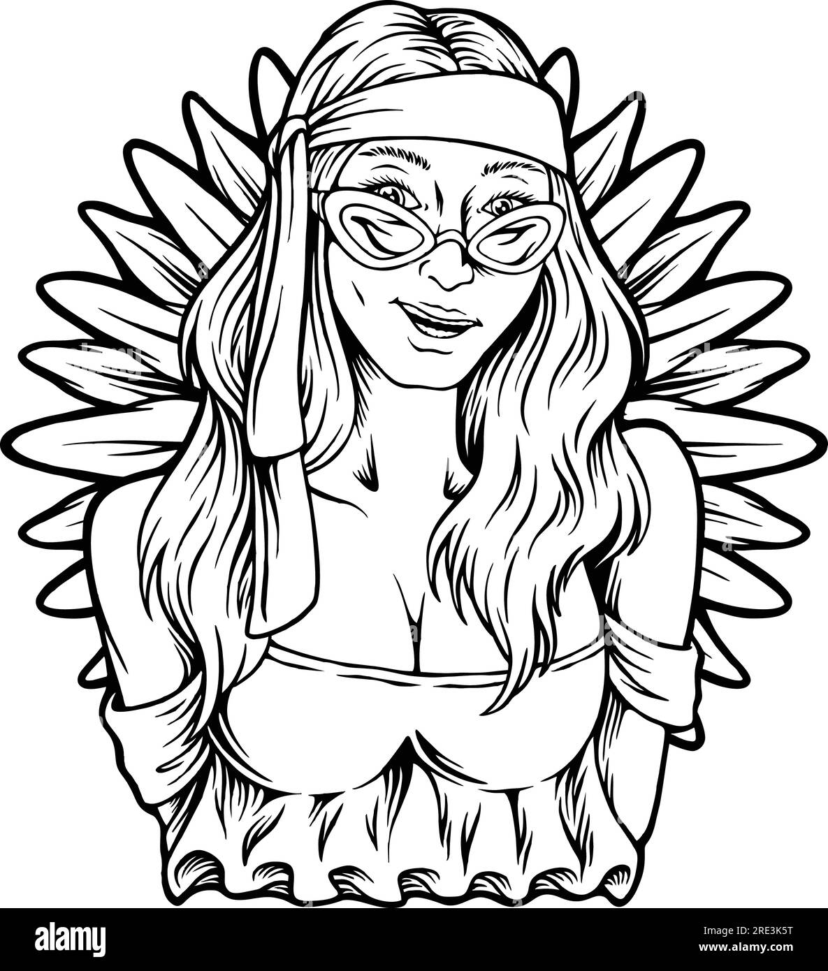 Ausdrucksstarke Eklektik Bo-inspirierte Hippie-Girl Monochrom-Vektorbilder für dein Arbeitslogo, Merchandise-T-Shirt, Sticker und Etikettendesigns, Stock Vektor