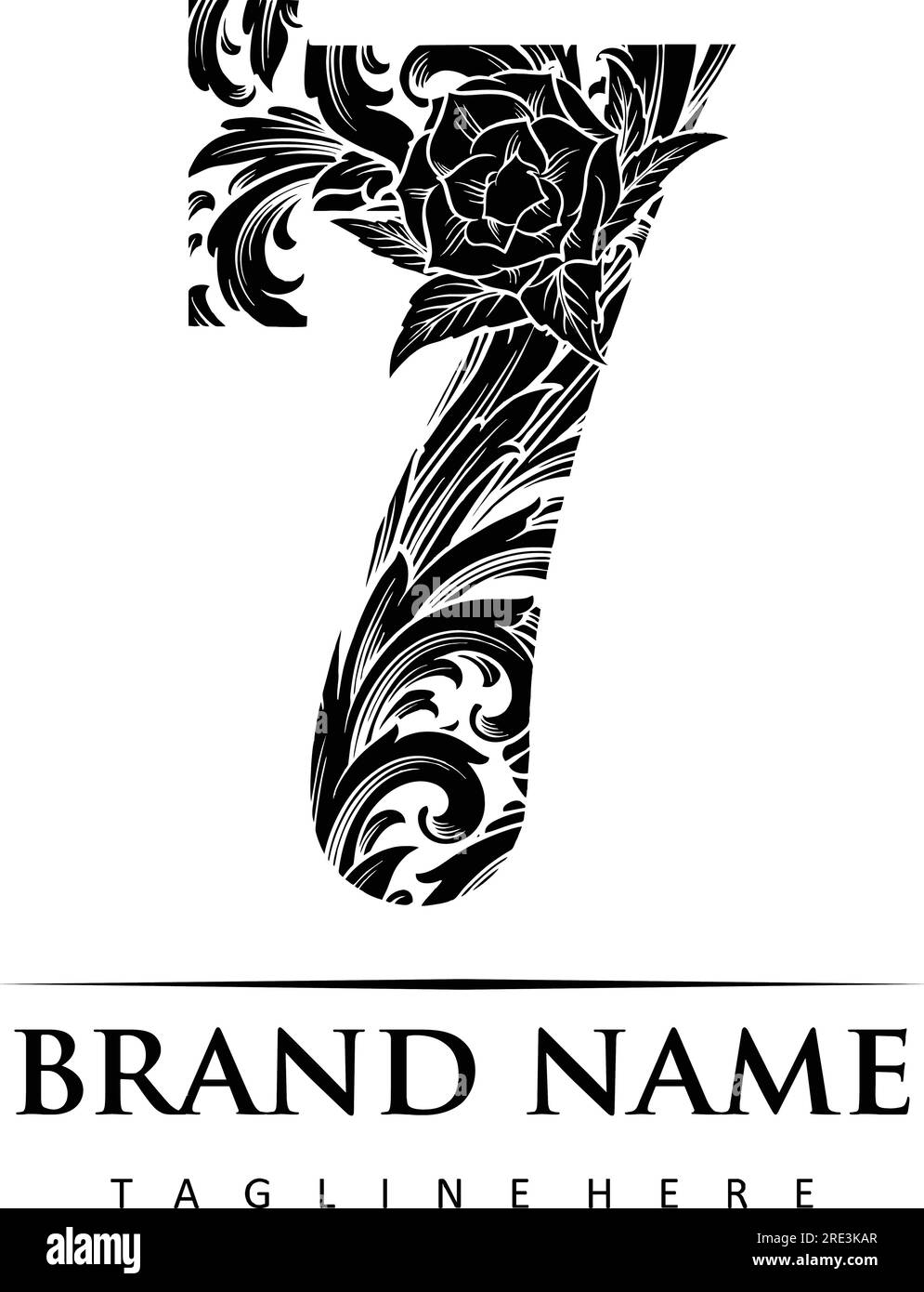 Anmutig eingraviertes Blumenmuster Nummer 7 Monogramm Silhouette Vektorabbildungen für Ihr Arbeitslogo, Merchandise-T-Shirt, Aufkleber und Etikettendesigns, Poster Stock Vektor