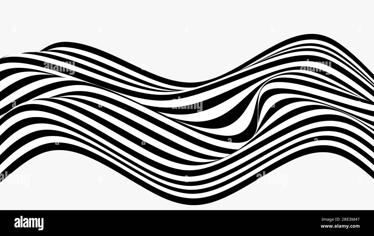 Abstrakter Wellenhintergrund, schwarz-weiß, geschwungene Streifen oder Linien. Optische Kunst. Stock Vektor
