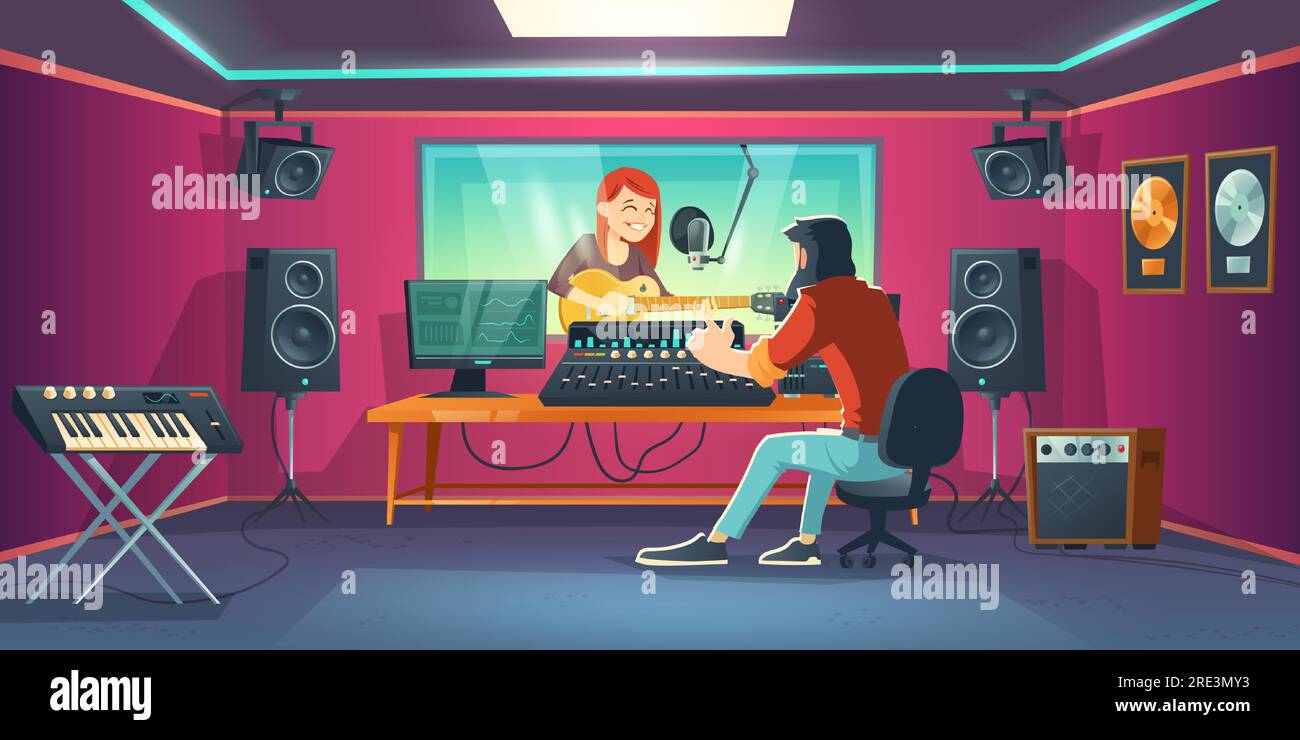 Sängerin im Aufnahmestudio. Singende Frau im Künstlerstand mit Ausrüstung und Fenster, Toningenieur im Kontrollraum mit Werkzeugen zum Aufnehmen, Mischen und Beherrschen von Musik. Cartoon-Vektordarstellung Stock Vektor