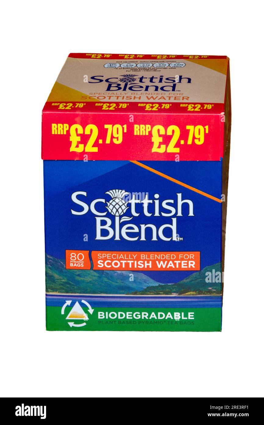 Eine Schachtel Scottish Blend Teebeutel speziell für schottisches Wasser gemischt. Stockfoto