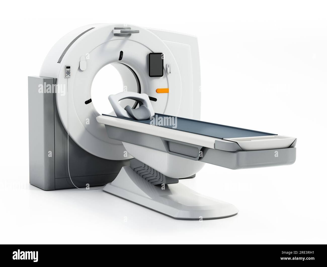 Generischer, brandloser MRT-Scanner isoliert auf weißem Hintergrund. 3D Abbildung. Stockfoto