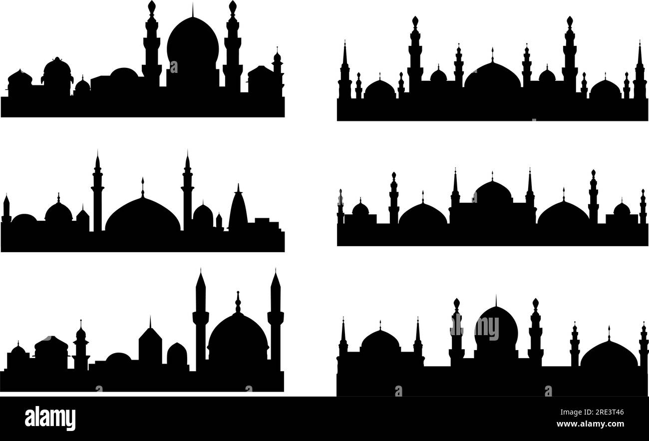 Sechs schwarze Silhouetten arabischer Stadtlandschaften mit Türmen und islamischen Moscheen, isoliert auf Weiß Stock Vektor