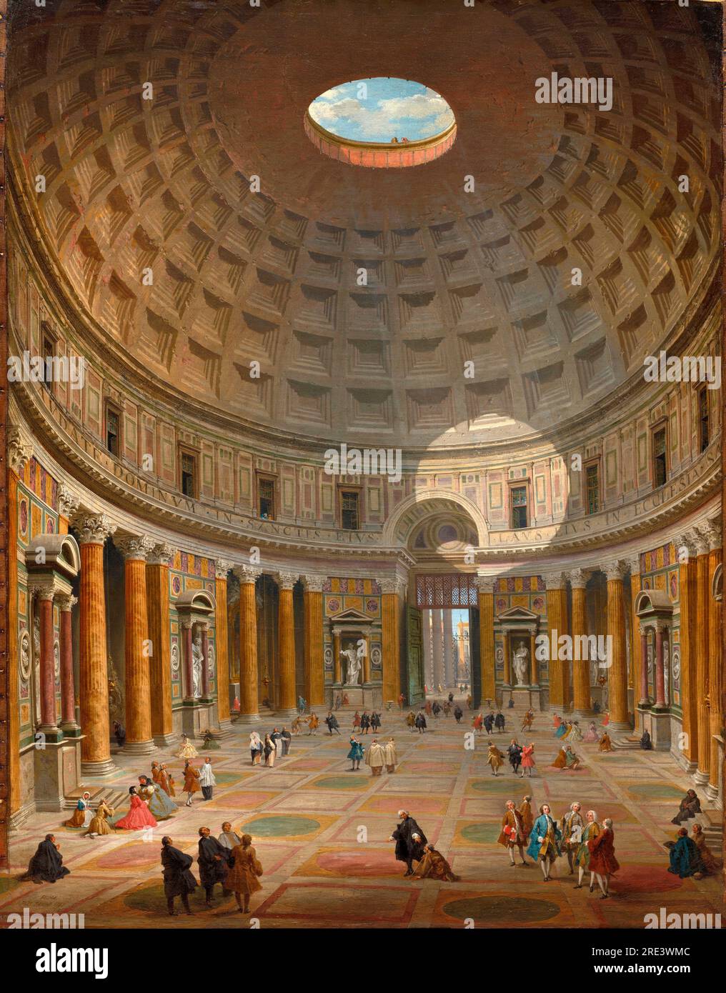 Das Innere des Pantheons, Rom von Giovanni Paolo Panini im Jahr 1747 - das Pantheon wurde als Tempel unter dem römischen Kaiser Hadrian um das Jahr 125 v. Chr. errichtet und wurde 609 eine christliche Kirche. Anfang der 1700er Jahre fand eine bedeutende Restaurierung statt, eine Zeit, in der die frühen christlichen Denkmäler wieder in den Mittelpunkt gerückt wurden. Die Stätte war ein wichtiges Denkmal der Antike, eine aktive Kirche, und ihr Portico, durch die Tür sichtbar, hielt die wichtigste Kunstmesse in der Stadt. Panini zeigt die Komplexität dieses öffentlichen Raums, indem es ausländische Touristen, lokale Kirchenbesucher, römische Adlige und Künstler repräsentiert, die sich unter sie mischen Stockfoto