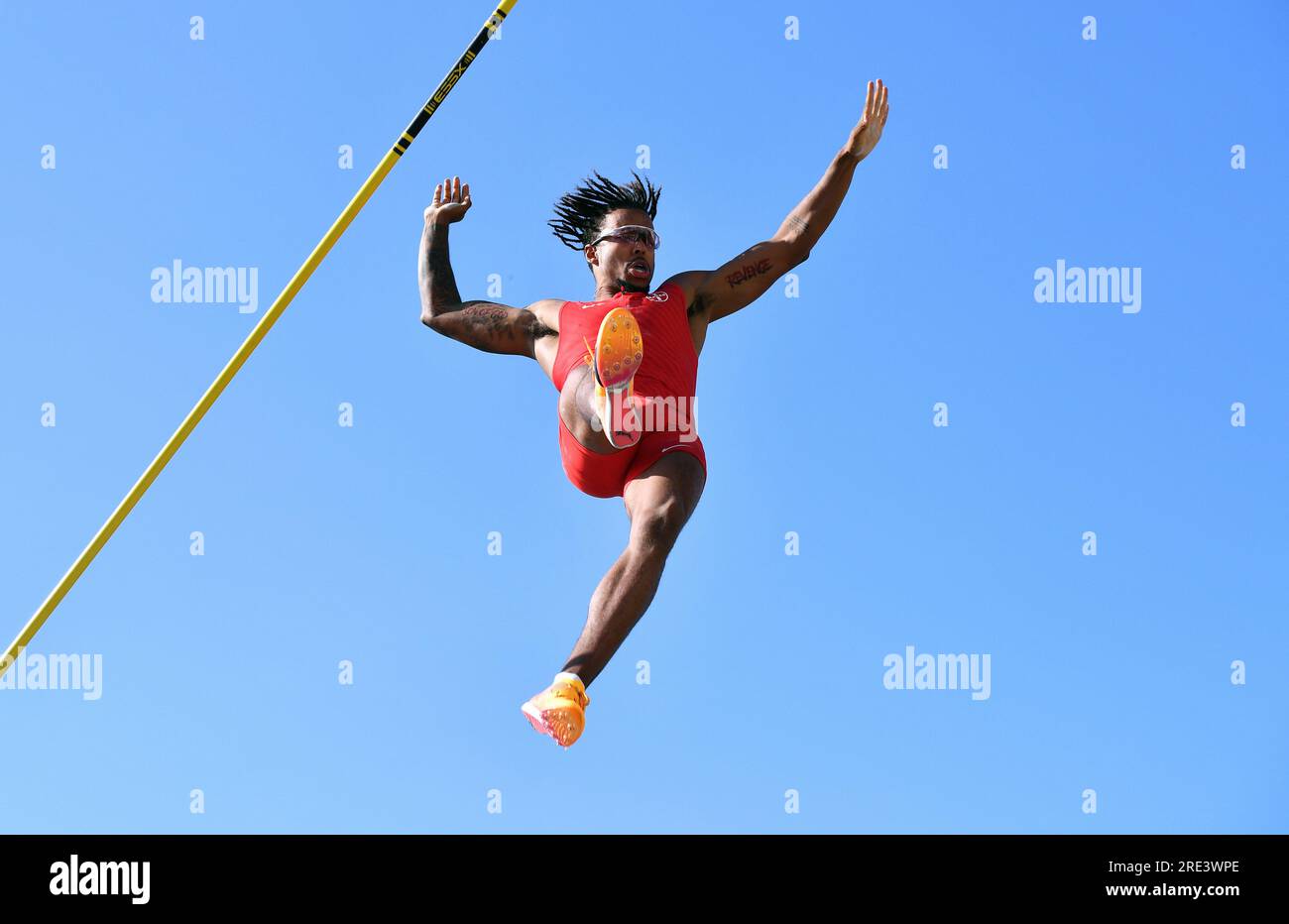 Finale, Deutsche Meisterschaft, Männerpostengewölbe auf der Rhein-Landpromenade Düsseldorf; Deutscher Champion 2023, Bo Kanda Lita Baehre (TSV Bayer 04 Leverkusen) Stockfoto