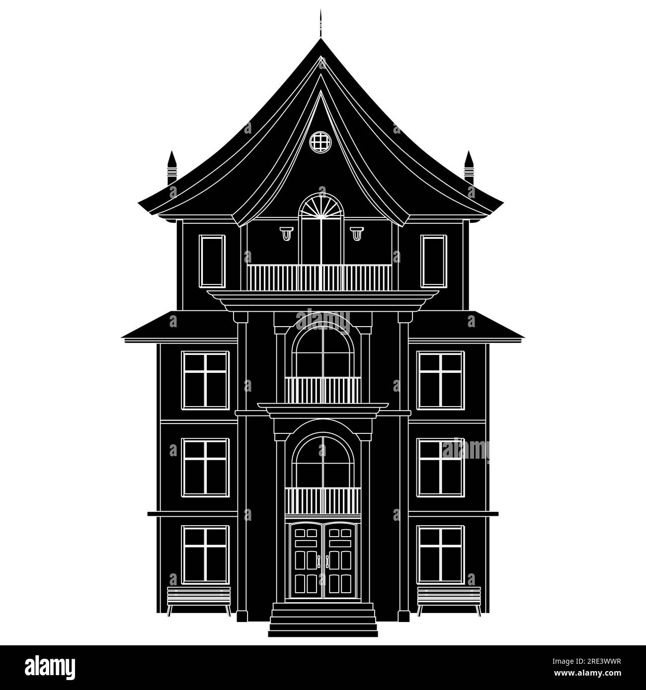 Schwarze Silhouette eines vierstöckigen Hauses mit Veranda und Balkon isoliert auf weißem Hintergrund. Vektor-Clipart. Stock Vektor