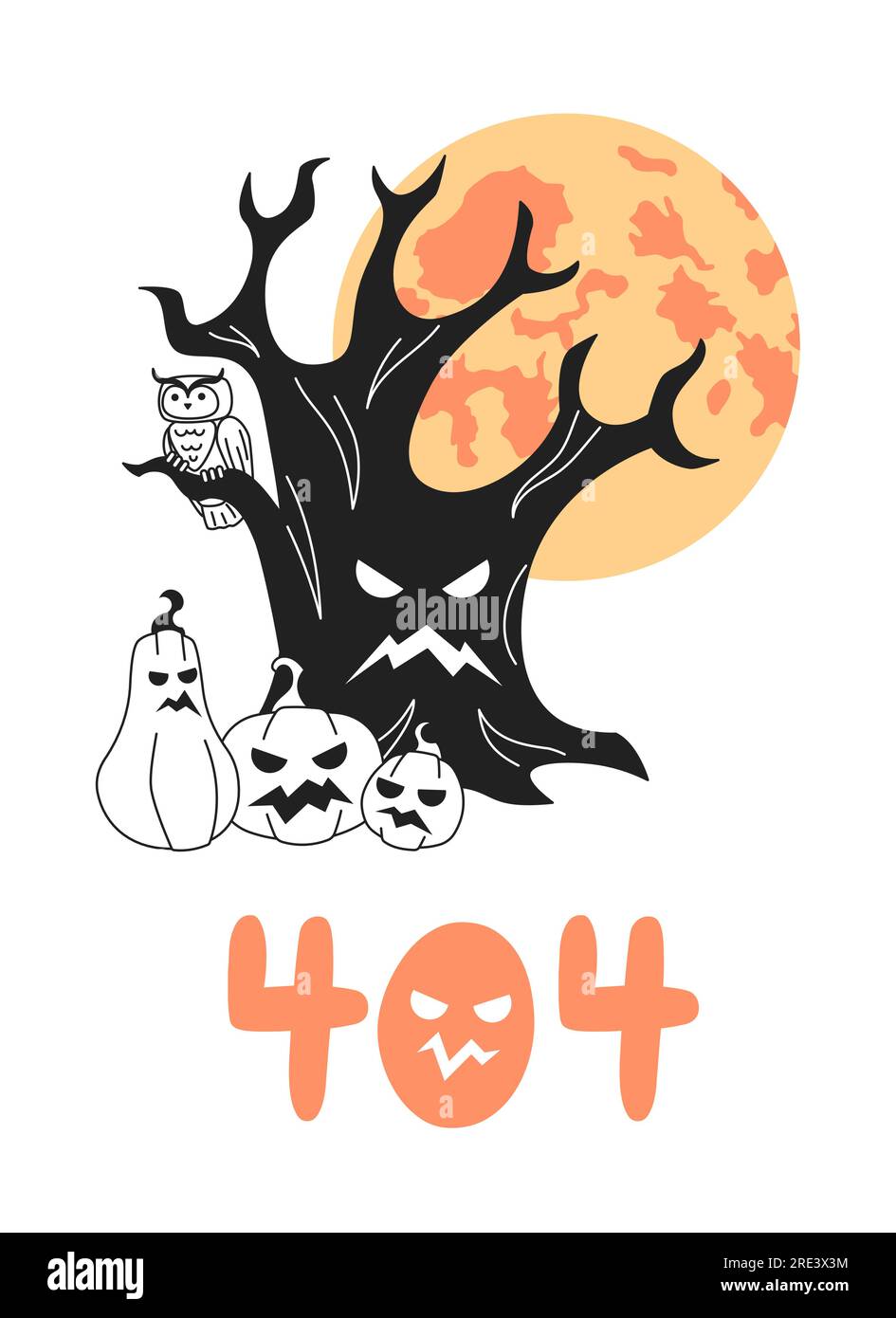 Halloween-Baum mit gruseligen Kürbissen, Vollmond schwarz weiß, Fehler 404 Flash-Meldung Stock Vektor