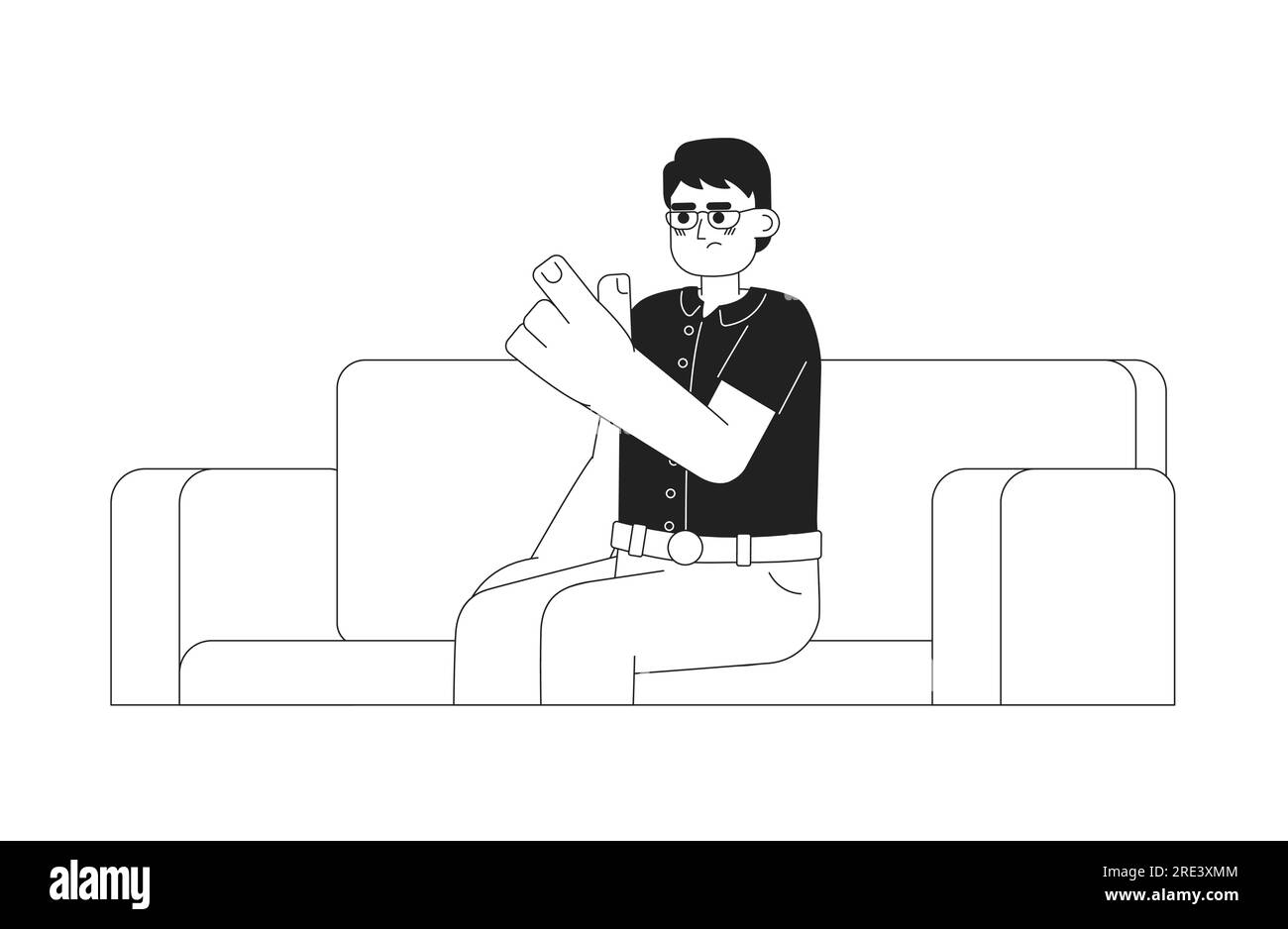 Gereizter asiatischer Mann, der mit den Fingern wackelt, monochromatische flache Vektorzeichen Stock Vektor