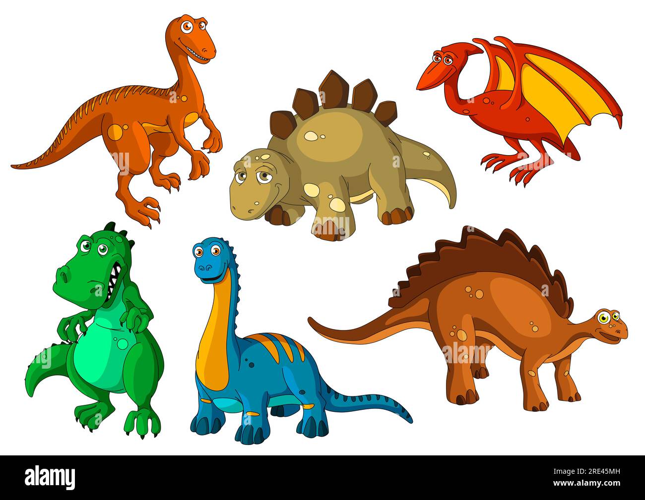 Dinosaurier-Zeichentrickset. Lustige prähistorische Reptilien und Raubtiere. Jurassic Monster, Brontosaurus, Raptor, Tyrannosaurus, Stegosaurus und Pterodactyl, velociraptor apatosaurus Stock Vektor