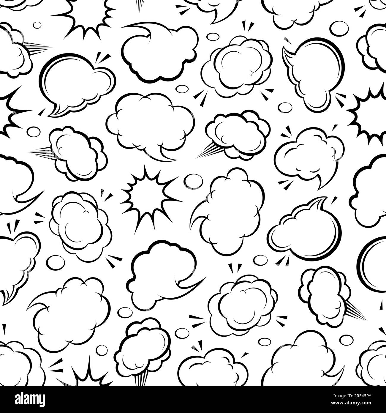 Cartoon Comic Sprechblasen und Explosionswolken nahtloser Hintergrund mit schwarz-weißen Kommunikations- und Tonballons. Verwendung von Comicbüchern oder Textildesign im Innenbereich Stock Vektor