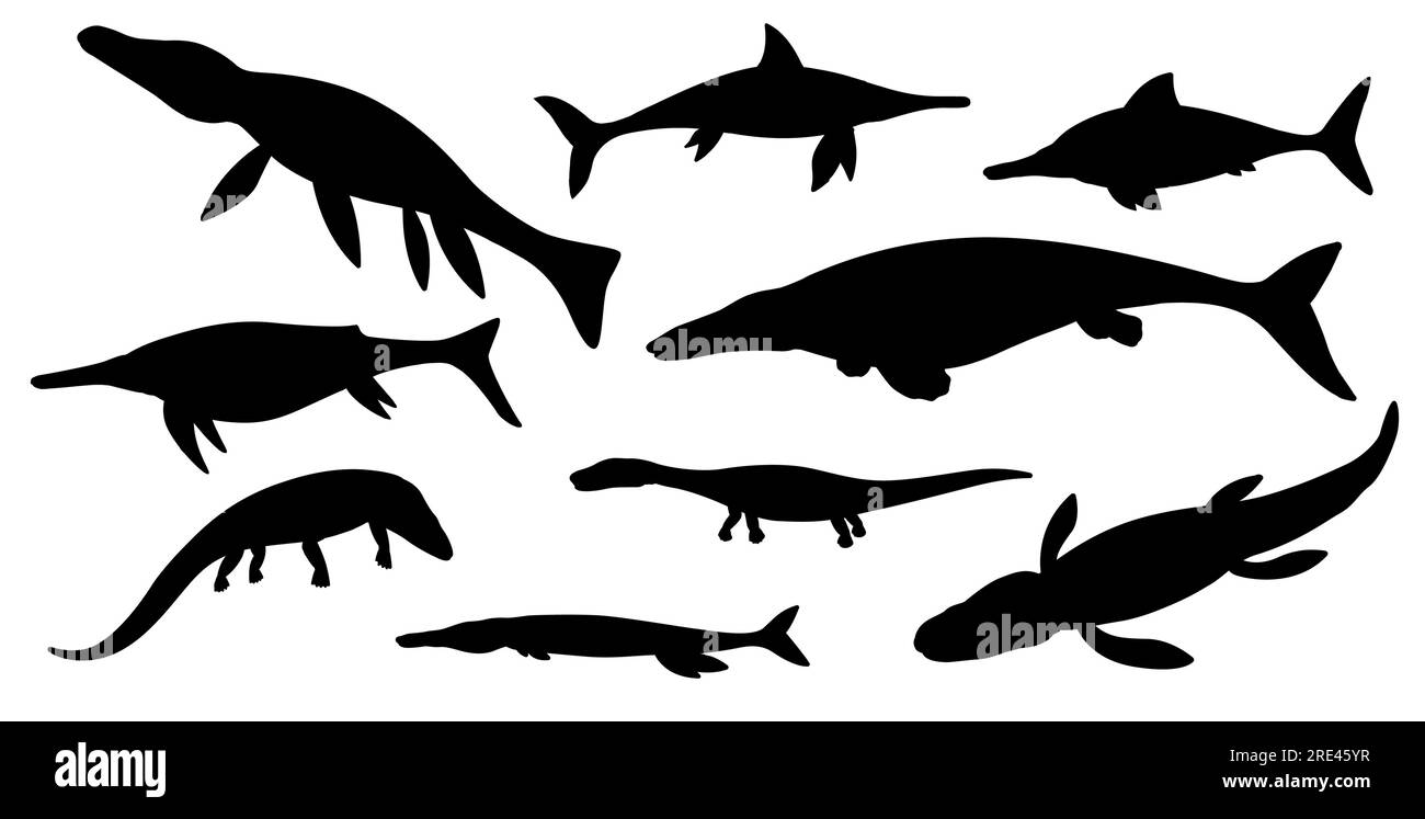 Schwarze Silhouetten von Vektor-jurassic-Tieren oder Monstern. Prähistorische Meeres-Dinosaurier und -rwptilien, Ichthyosaurus, liopleurodon, Kronosaurus und Plesiosaur, Tylosaurus und Sauropterygia Stock Vektor