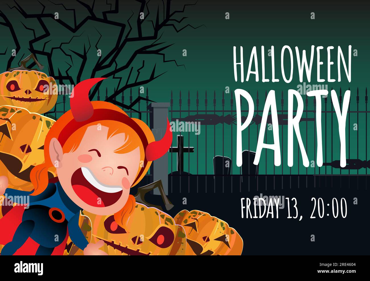 Halloween-Party-Poster-Design. Mädchen mit Teufelshörnern Stock Vektor