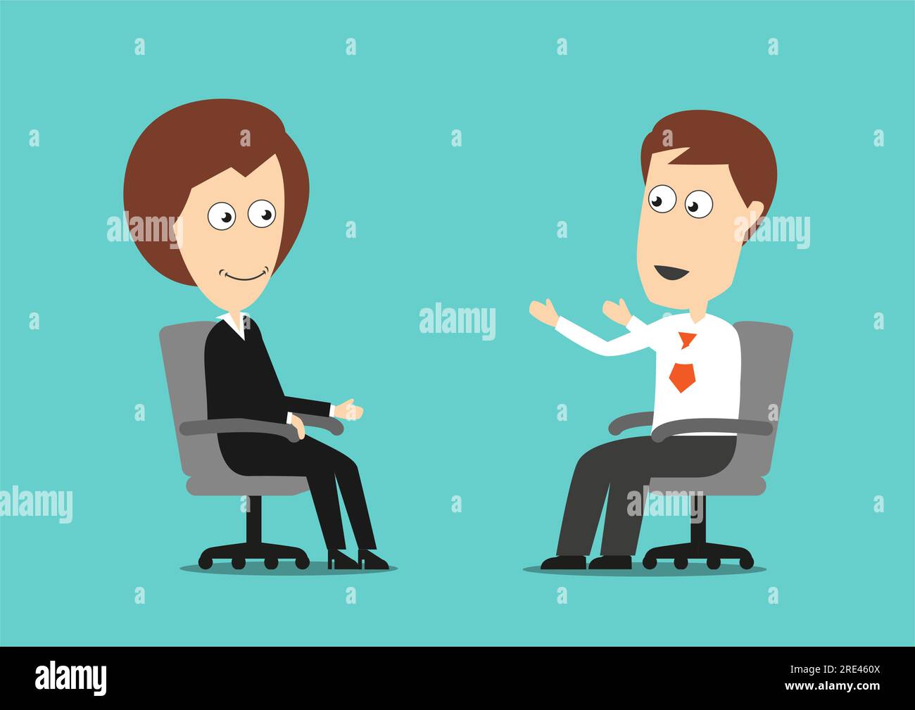 Cartoon-Geschäftsmann und Geschäftsfrau diskutieren Details eines Geschäftsprojekts und teilen Ideen bei einer Besprechung. Hervorragend geeignet für die Zusammenarbeit mit Partnern, Meetings oder bei der Entwicklung Stock Vektor