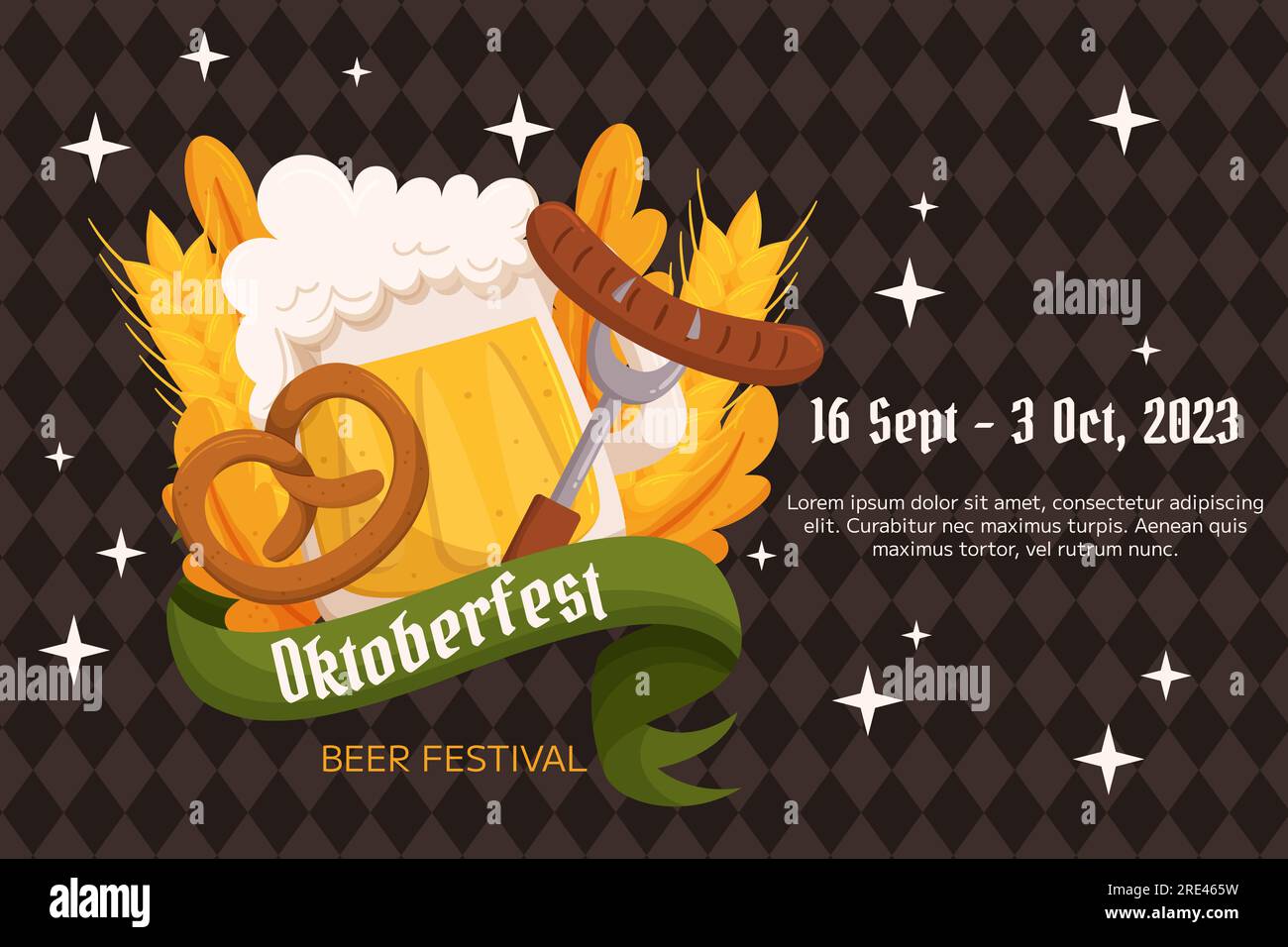 Oktoberfest Deutsches Bierfestival im Hintergrund. Design mit Glas Bier, Brezel und Gabel mit Wurst, Weizen und Blättern. Rhombus-Muster auf der Rückseite Stock Vektor