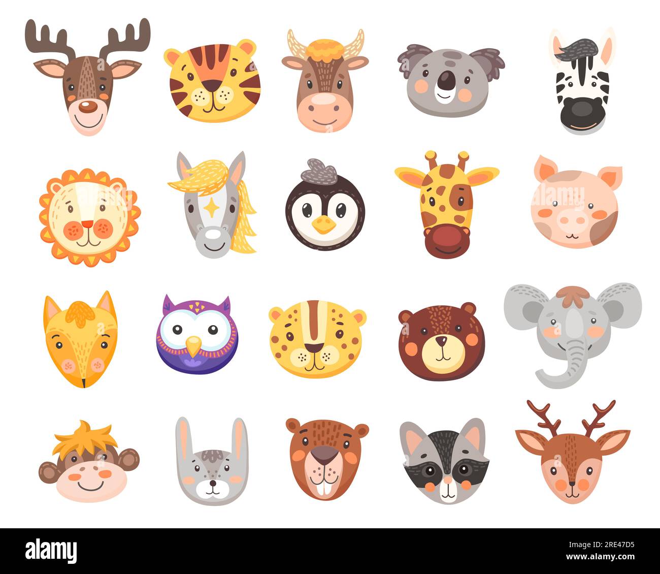 Süße Tiergesichter mit isolierten Cartoon-Köpfen aus Bären, Füchsen, Tigern, Häschen oder Kaninchen, Elefanten, Affe, Koala und Hirsch. Lustige Eule, Schwein, Giraffe und Zebra, Löwe, Kuh, pinguin und Waschbär Stock Vektor