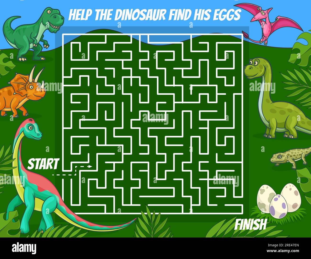 Labyrinth-Labyrinth, Kinder rätseln sich mit Cartoon-Dinosauriern. Finden Sie das richtige logische Spiel, pädagogische Puzzles für Kinder Buch-Seitenvorlage mit süßen Hörnern und fliegenden Dinosauriern, prähistorischen Reptilien-Eiern Stock Vektor